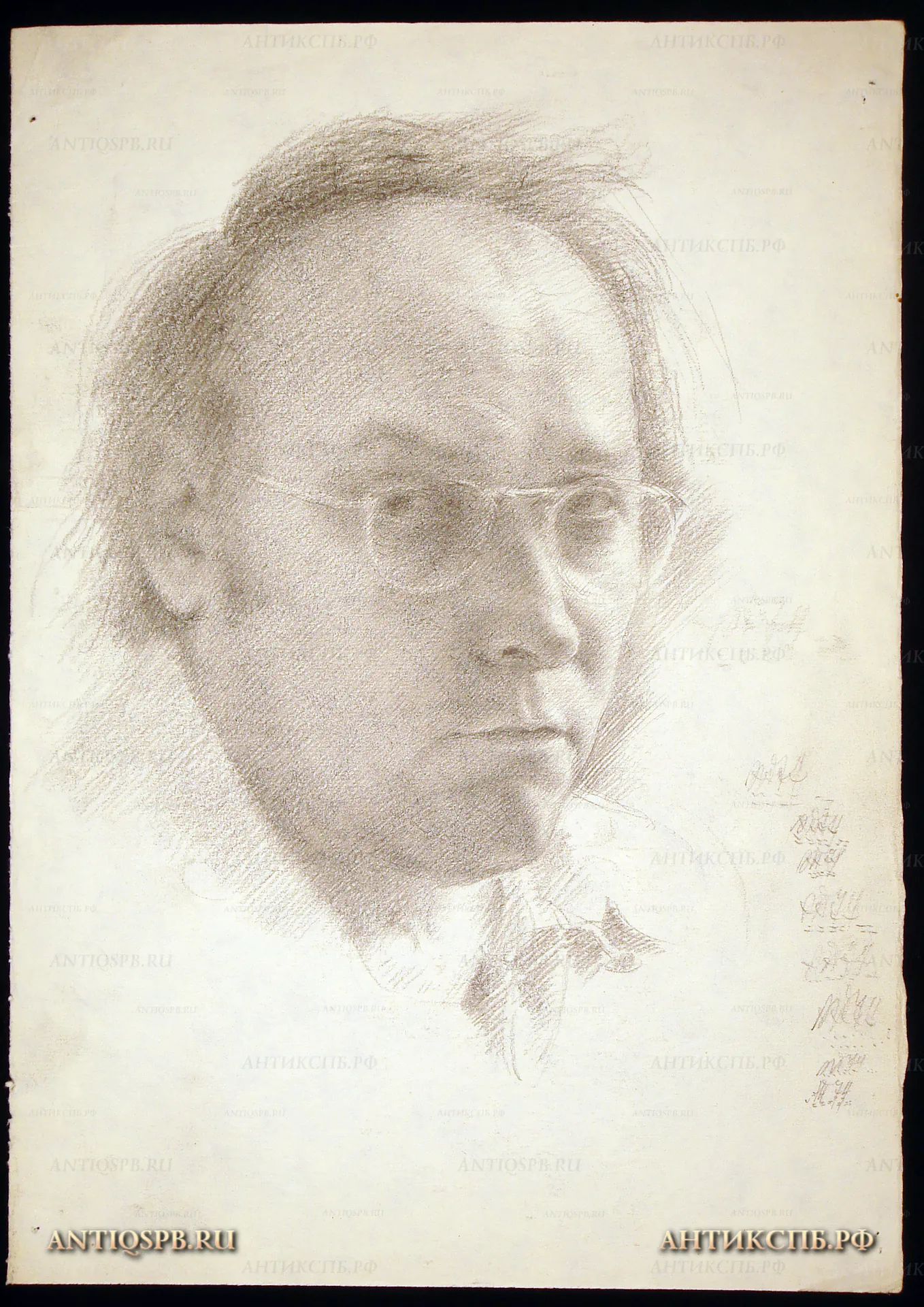 Рисунок карандашом "Автопортрет". Автор: Поляков Александр Иванович (1921-1998). Вт. пол. ХХ века. СССР. №234П
